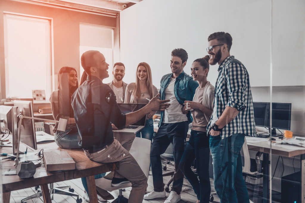 team chatting at the office